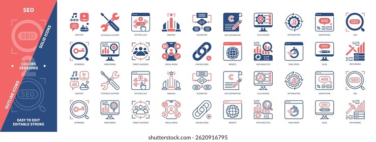 SEO icon set. Blog, Target Audience, Ranking, Data Mining, Algorithm, Social Media, Keywords, Monitoring, Website. Duotone color solid and editable outline icons