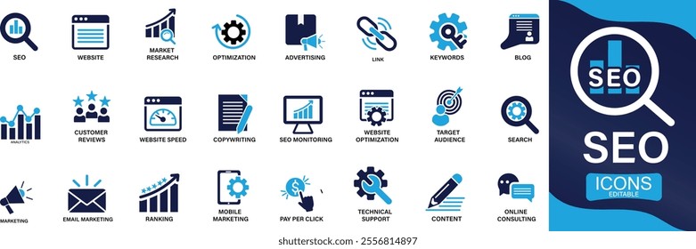 Seo icon set. business and marketing, traffic, ranking, optimization, link, keyword You can easily change the color