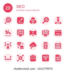 seo icon set. Collection of 20 filled seo icons included Search engine optimization, Pages, Color, Search engine, Wireframes, Landing page, Html, , Web design, Page speed, Vector