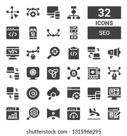 seo icon set. Collection of 32 filled seo icons included Web design, Landing page, Web optimization, , Search engine optimization, Develop, Html, Responsive, Seo, At, Vector, Vpn