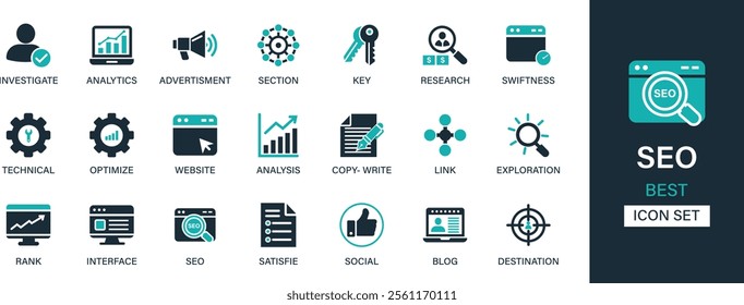 SEO icon set collection. Investigate, analytics, advertainment, section, key, research, swiftness, technical, optimize, website, analysis, copy-write, exploration and best solid icon set.