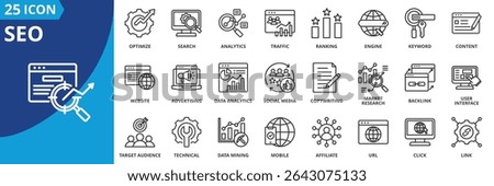 seo icon set collection in outline style. an icon pack contain ranking, keyword, traffic, analytics, search, engine, content
