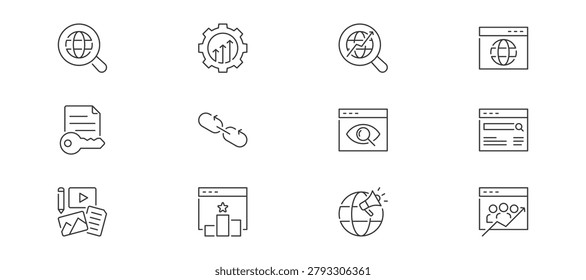 SEO icon set containing search engine, optimization, SEO, website, keyword, backlink, visibility, SERPs, content, ranking, digital marketing and traffic vector icon