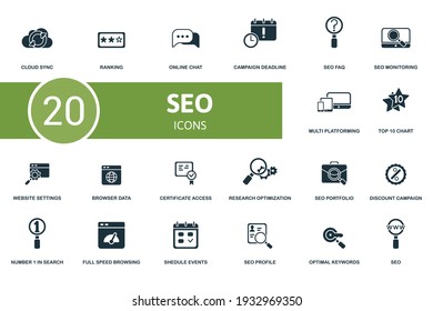 Seo icon set. Contains editable icons seo theme such as active search, social media marketing, web links and more