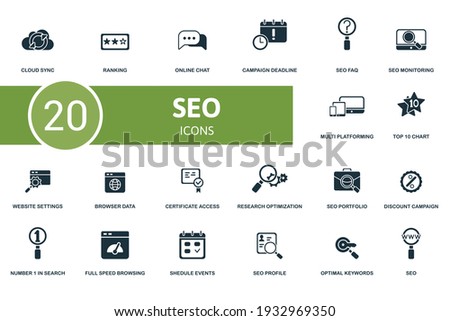 Seo icon set. Contains editable icons seo theme such as active search, social media marketing, web links and more