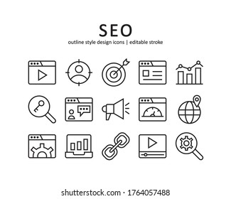 Juego de iconos SEO. Contiene iconos como búsqueda, motor, web y más . Diseño de estilo de línea. Ilustración gráfica vectorial. Adecuado para diseño de sitios web, logotipo, aplicación, plantilla, ui. Trazo editable.