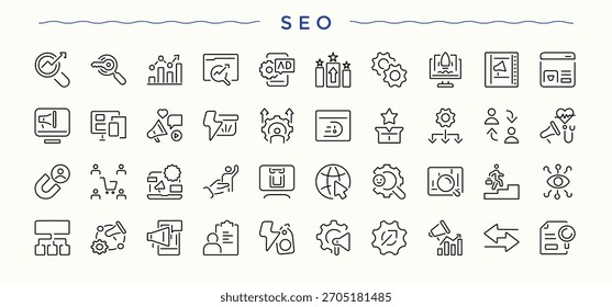 SEO-Symbolsatz. Set zum Kopieren dünner Symbole. Perfekt für Logos und Infografiken. Marketing-Symbolsatz. Bearbeitbare Strichauflistungen.