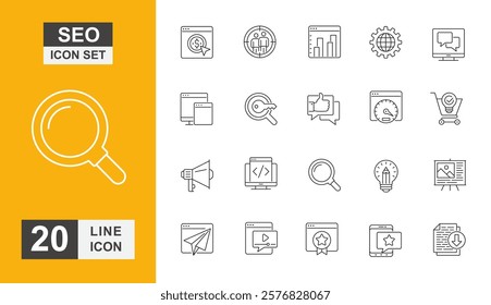 SEO icon set. Data, analyzing, searching, social media, strategy and more line icon