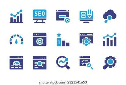 Seo icon set. Duotone color. Vector illustration. Containing statistics, seo, web design, speedometer, software, ranking, web optimization, analytics, dashboard, web, audit.