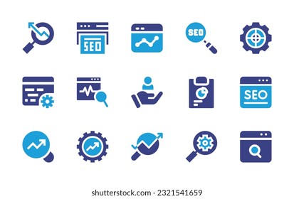 Seo icon set. Duotone color. Vector illustration. Containing search, seo, seo report, settings, code, web browser, customer, search chart, optimization, analytics.