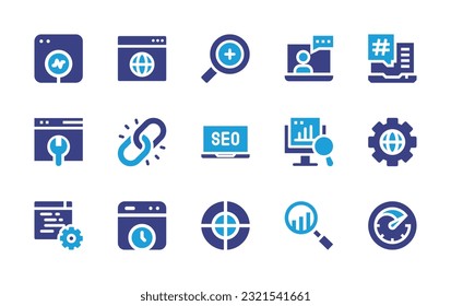 Seo icon set. Duotone color. Vector illustration. Containing seo, international, consulting, hashtag, web maintenance, link, setting, optimizing, history, seo and web, speedometer.