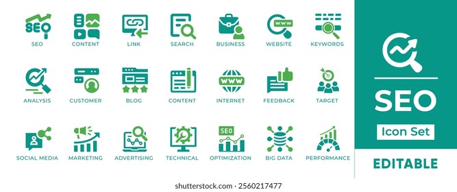 SEO Icon Set. Features editable icons for SEO, search engine optimization, digital marketing, content marketing, and website optimization. Perfect for SEO, digital marketers, and website owners.