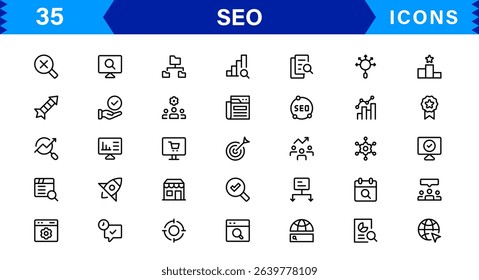 SEO Icon Set Featuring Search Engine Optimization, Keywords, Analytics, Ranking, and Traffic Concepts in a Clean, Professional Vector Style