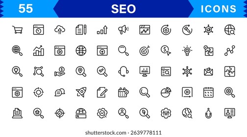 SEO Icon Set Featuring Search Engine Optimization, Keywords, Analytics, Ranking, and Traffic Concepts in a Clean, Professional Vector Style
