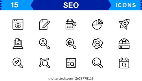 SEO Icon Set Featuring Search Engine Optimization, Keywords, Analytics, Ranking, and Traffic Concepts in a Clean, Professional Vector Style