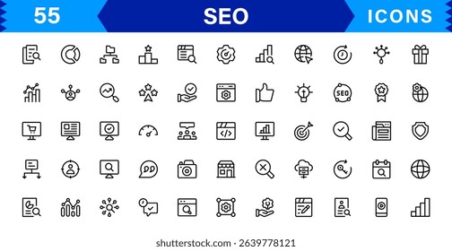 SEO Icon Set Featuring Search Engine Optimization, Keywords, Analytics, Ranking, and Traffic Concepts in a Clean, Professional Vector Style