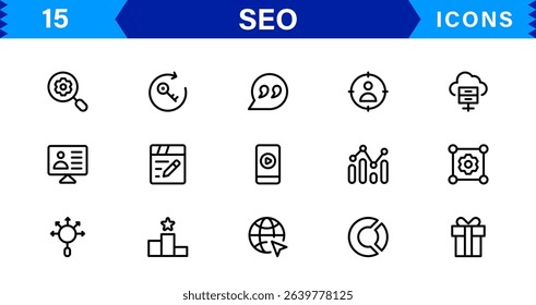 SEO Icon Set Featuring Search Engine Optimization, Keywords, Analytics, Ranking, and Traffic Concepts in a Clean, Professional Vector Style