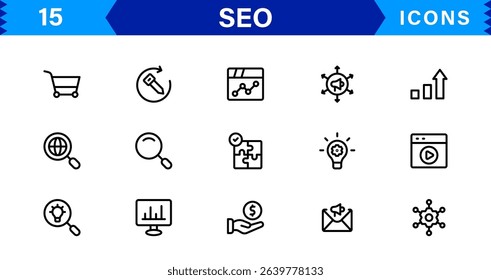 SEO Icon Set Featuring Search Engine Optimization, Keywords, Analytics, Ranking, and Traffic Concepts in a Clean, Professional Vector Style