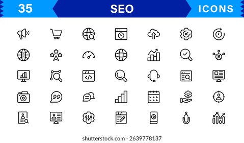 SEO Icon Set Featuring Search Engine Optimization, Keywords, Analytics, Ranking, and Traffic Concepts in a Clean, Professional Vector Style