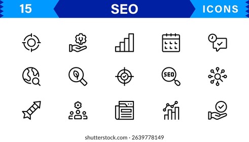 SEO Icon Set Featuring Search Engine Optimization, Keywords, Analytics, Ranking, and Traffic Concepts in a Clean, Professional Vector Style