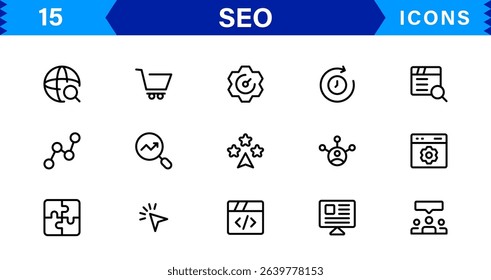 SEO Icon Set Featuring Search Engine Optimization, Keywords, Analytics, Ranking, and Traffic Concepts in a Clean, Professional Vector Style