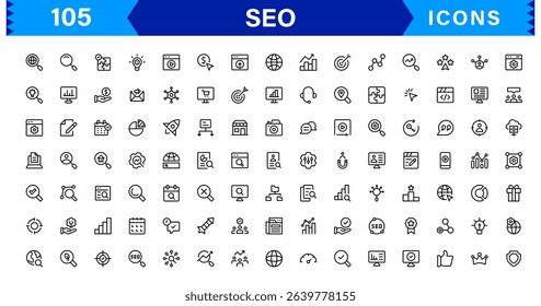 SEO Icon Set Featuring Search Engine Optimization, Keywords, Analytics, Ranking, and Traffic Concepts in a Clean, Professional Vector Style