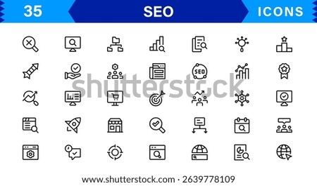 SEO Icon Set Featuring Search Engine Optimization, Keywords, Analytics, Ranking, and Traffic Concepts in a Clean, Professional Vector Style