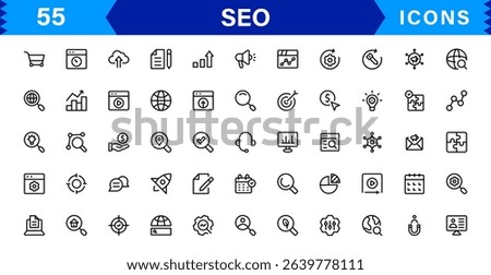 SEO Icon Set Featuring Search Engine Optimization, Keywords, Analytics, Ranking, and Traffic Concepts in a Clean, Professional Vector Style