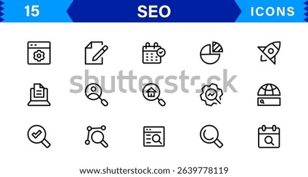 SEO Icon Set Featuring Search Engine Optimization, Keywords, Analytics, Ranking, and Traffic Concepts in a Clean, Professional Vector Style