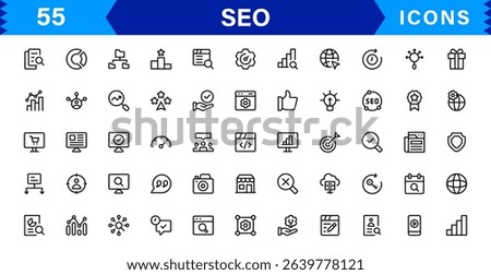SEO Icon Set Featuring Search Engine Optimization, Keywords, Analytics, Ranking, and Traffic Concepts in a Clean, Professional Vector Style