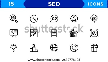SEO Icon Set Featuring Search Engine Optimization, Keywords, Analytics, Ranking, and Traffic Concepts in a Clean, Professional Vector Style