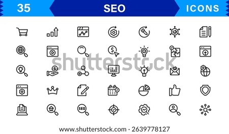 SEO Icon Set Featuring Search Engine Optimization, Keywords, Analytics, Ranking, and Traffic Concepts in a Clean, Professional Vector Style