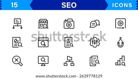 SEO Icon Set Featuring Search Engine Optimization, Keywords, Analytics, Ranking, and Traffic Concepts in a Clean, Professional Vector Style