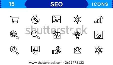 SEO Icon Set Featuring Search Engine Optimization, Keywords, Analytics, Ranking, and Traffic Concepts in a Clean, Professional Vector Style