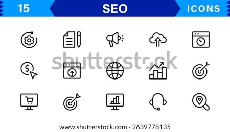 SEO Icon Set Featuring Search Engine Optimization, Keywords, Analytics, Ranking, and Traffic Concepts in a Clean, Professional Vector Style
