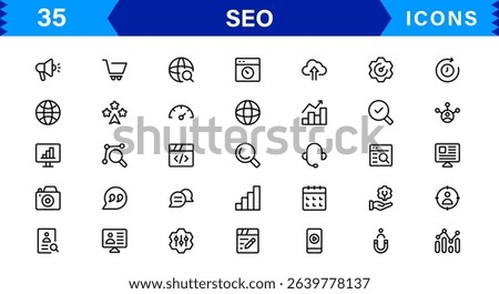 SEO Icon Set Featuring Search Engine Optimization, Keywords, Analytics, Ranking, and Traffic Concepts in a Clean, Professional Vector Style