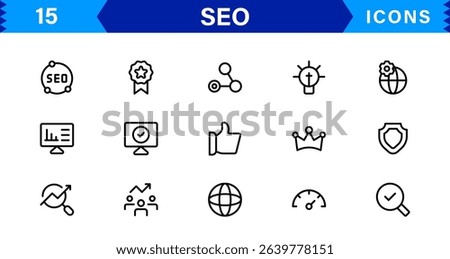 SEO Icon Set Featuring Search Engine Optimization, Keywords, Analytics, Ranking, and Traffic Concepts in a Clean, Professional Vector Style