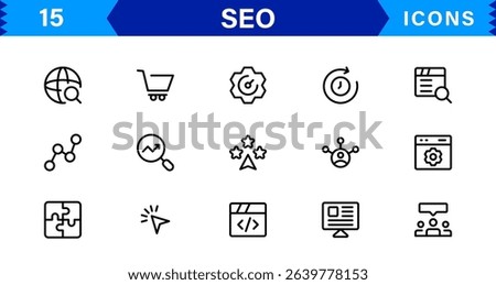 SEO Icon Set Featuring Search Engine Optimization, Keywords, Analytics, Ranking, and Traffic Concepts in a Clean, Professional Vector Style