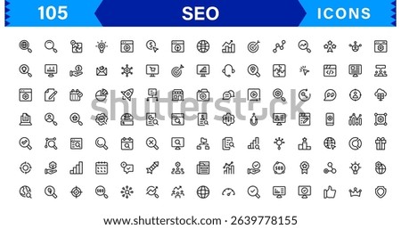 SEO Icon Set Featuring Search Engine Optimization, Keywords, Analytics, Ranking, and Traffic Concepts in a Clean, Professional Vector Style