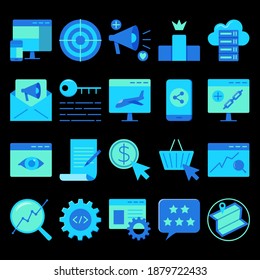 SEO icon set in flat style. Search engine optimization symbols. Digital marketing and web development collection. Vector illustration.