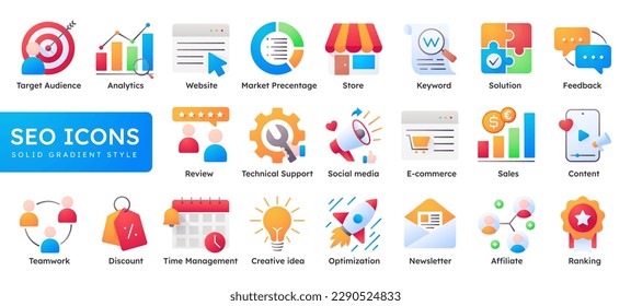 seo icon set gradient style design, analytics, optimization, marketing vector illustration
