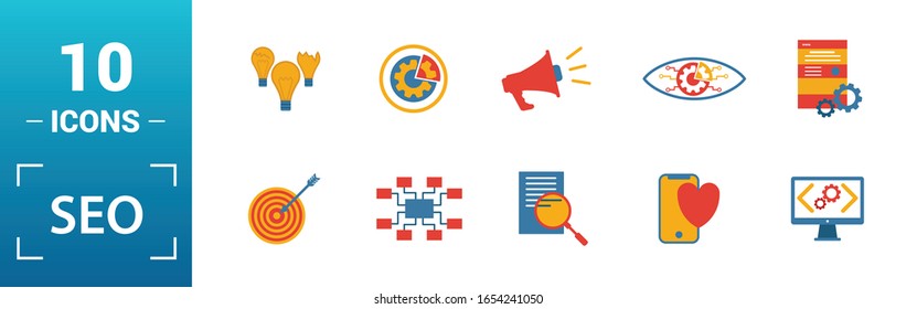 Seo icon set. Include creative elements search optimization, search result, right solution, code optimization, website optimization icons. Can be used for report, presentation, diagram, web design.
