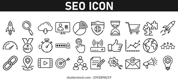 Seo icon set ion liner style. Search Engine Optimization icons. traffic, ranking, optimization, link, graph, research, and keyword. Icons vector collection.