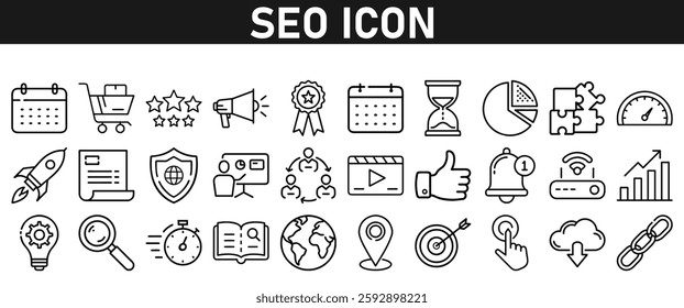 Seo icon set ion liner style. Search Engine Optimization icons. traffic, ranking, optimization, link, graph, research, and keyword. Icons vector collection.