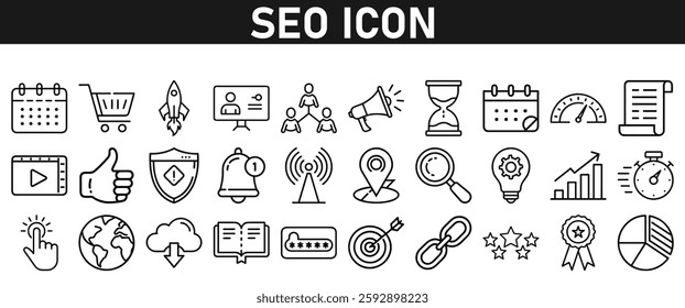 Seo icon set ion liner style. Search Engine Optimization icons. traffic, ranking, optimization, link, graph, research, and keyword. Icons vector collection.
