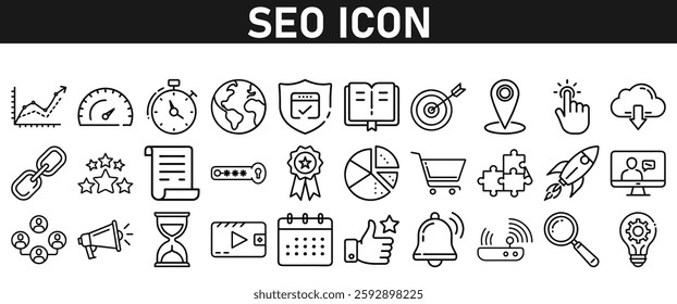 Seo icon set ion liner style. Search Engine Optimization icons. traffic, ranking, optimization, link, graph, research, and keyword. Icons vector collection.