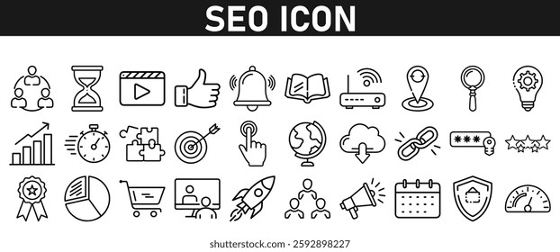 Seo icon set ion liner style. Search Engine Optimization icons. traffic, ranking, optimization, link, graph, research, and keyword. Icons vector collection.