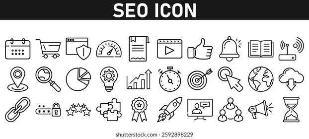 Seo icon set ion liner style. Search Engine Optimization icons. traffic, ranking, optimization, link, graph, research, and keyword. Icons vector collection.