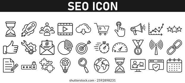 Seo icon set ion liner style. Search Engine Optimization icons. traffic, ranking, optimization, link, graph, research, and keyword. Icons vector collection.