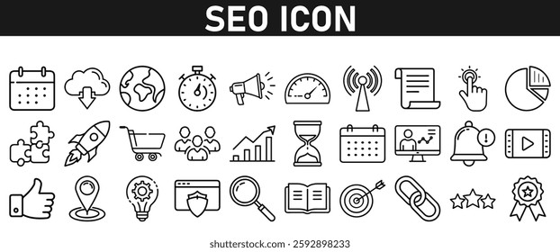 Seo icon set ion liner style. Search Engine Optimization icons. traffic, ranking, optimization, link, graph, research, and keyword. Icons vector collection.